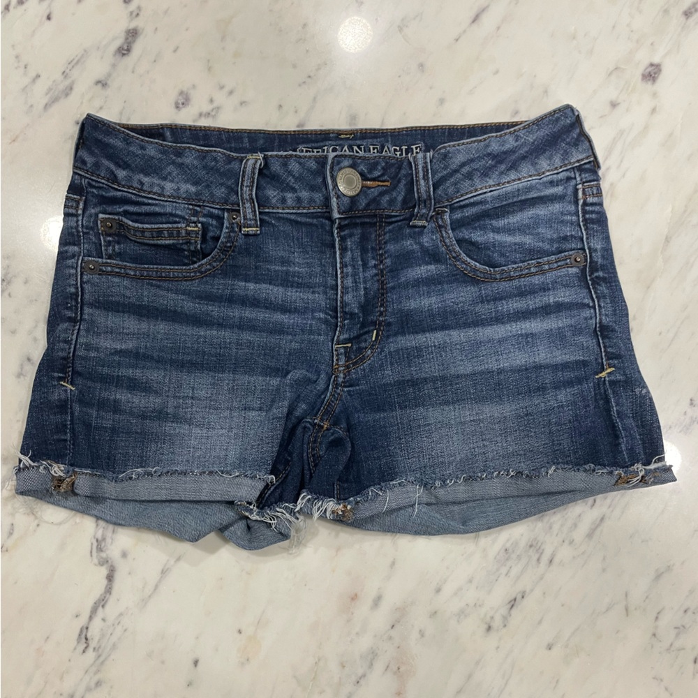 American Eagle Micro Mini Denim Shorts Y2K Super Stretch Shortie Med Wash Sz 6